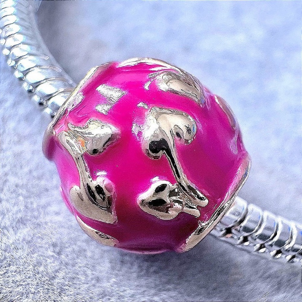 Pink Enamel Heart Bead Charm Gold Tone fits PANDORA